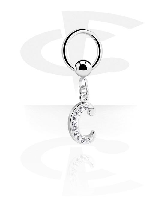 Piercing Rings, Ball closure ring (surgical steel, silver, shiny finish) with charm with letter "C" and crystal stones, Surgical Steel 316L, Plated Brass