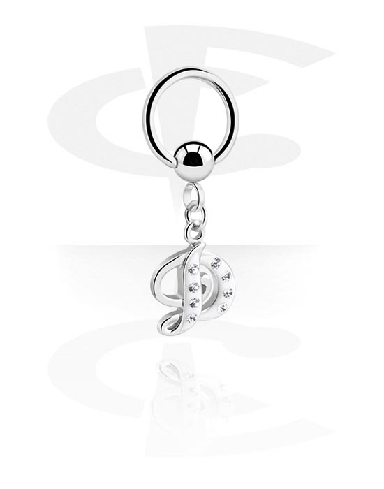 Piercing Rings, Ball closure ring (surgical steel, silver, shiny finish) with charm with letter "D" and crystal stones, Surgical Steel 316L, Plated Brass