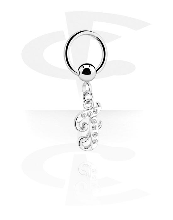 Piercing Rings, Ball closure ring (surgical steel, silver, shiny finish) with charm with letter "F" and crystal stones, Surgical Steel 316L, Plated Brass