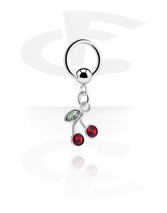 Piercing Rings, Ball closure ring (surgical steel, silver, shiny finish) with cherry charm and crystal stones, Surgical Steel 316L, Plated Brass