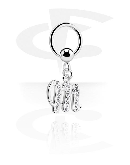 Piercing Rings, Ball closure ring (surgical steel, silver, shiny finish) with charm with letter "M" and crystal stones, Surgical Steel 316L, Plated Brass