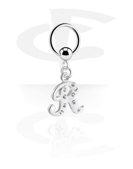 Piercingringar, Ball closure ring (surgical steel, silver, shiny finish) med charm with letter "R" och kristallstenar, Kirurgiskt stål 316L, Överdragen mässing
