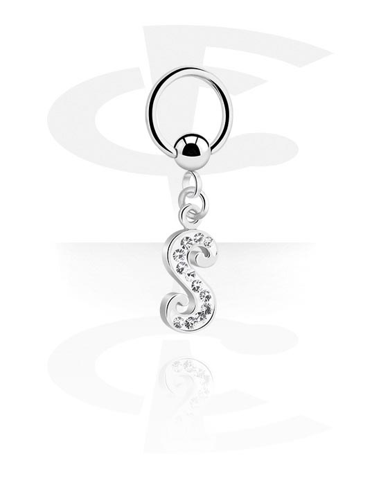 Piercing Rings, Ball closure ring (surgical steel, silver, shiny finish) with charm with letter "S" and crystal stones, Surgical Steel 316L, Plated Brass