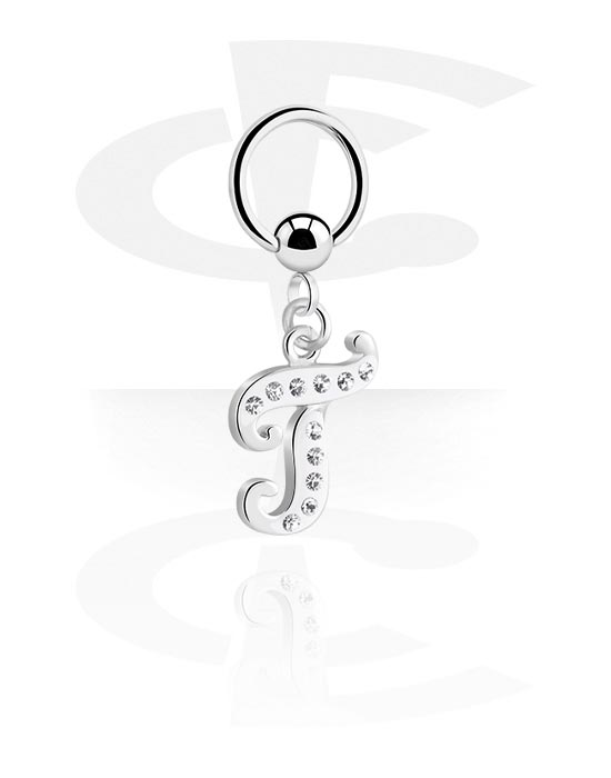 Piercing Rings, Ball closure ring (surgical steel, silver, shiny finish) with charm with letter "T" and crystal stones, Surgical Steel 316L, Plated Brass
