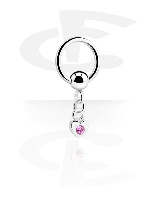 Piercing Rings, Ball closure ring (surgical steel, silver, shiny finish) with heart charm and crystal stone, Surgical Steel 316L, Plated Brass