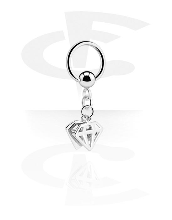 Piercing Rings, Ball closure ring (surgical steel, silver, shiny finish) with diamond charm, Surgical Steel 316L, Plated Brass