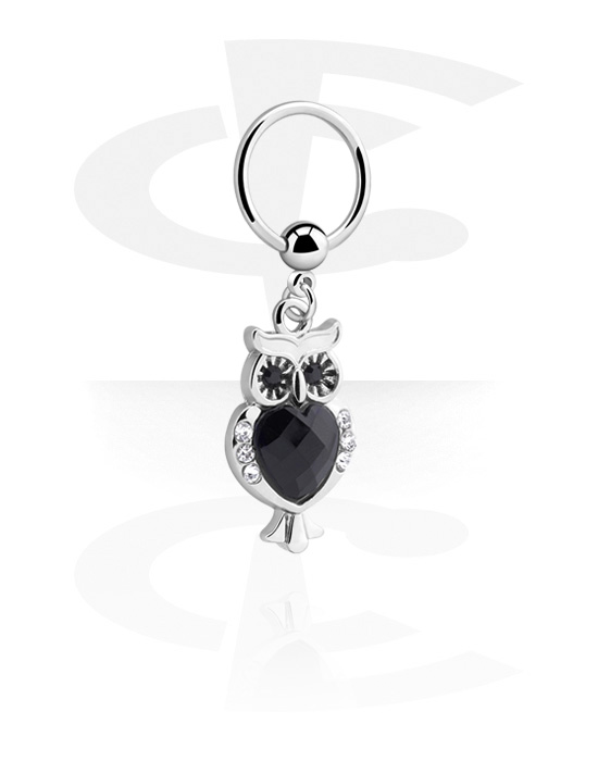 Piercing Rings, Ball closure ring (surgical steel, silver, shiny finish) with owl charm and crystal stone, Surgical Steel 316L
