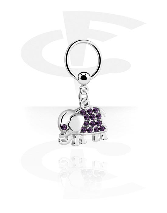 Piercing Rings, Ball closure ring (surgical steel, silver, shiny finish) with elephant charm and crystal stones, Surgical Steel 316L, Plated Brass