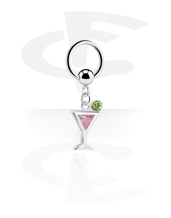 Anéis piercing, Ball closure ring (aço cirúrgico, prata, acabamento brilhante) com pendente cocktail e pedras de cristal, Aço cirúrgico 316L, Latão revestido