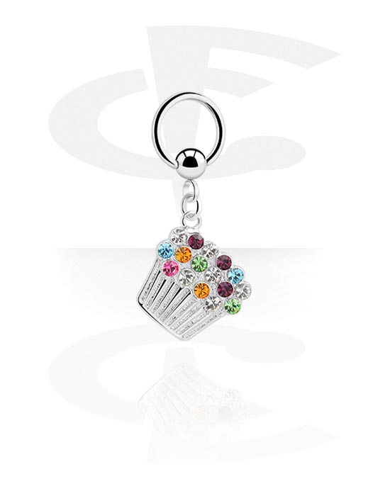 Piercing Rings, Ball closure ring (surgical steel, silver, shiny finish) with cupcake charm and crystal stones, Surgical Steel 316L, Plated Brass