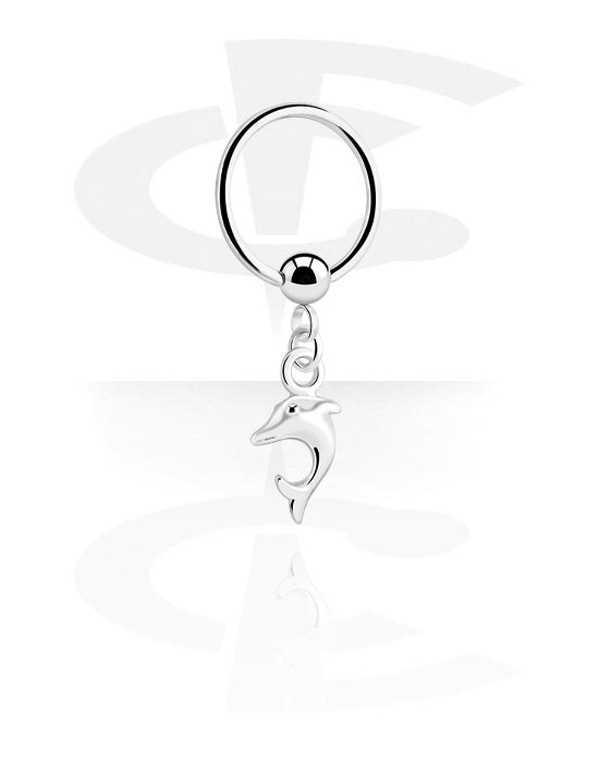 Anéis piercing, Ball closure ring (aço cirúrgico, prata, acabamento brilhante) com pendente golfinho, Aço cirúrgico 316L, Latão revestido