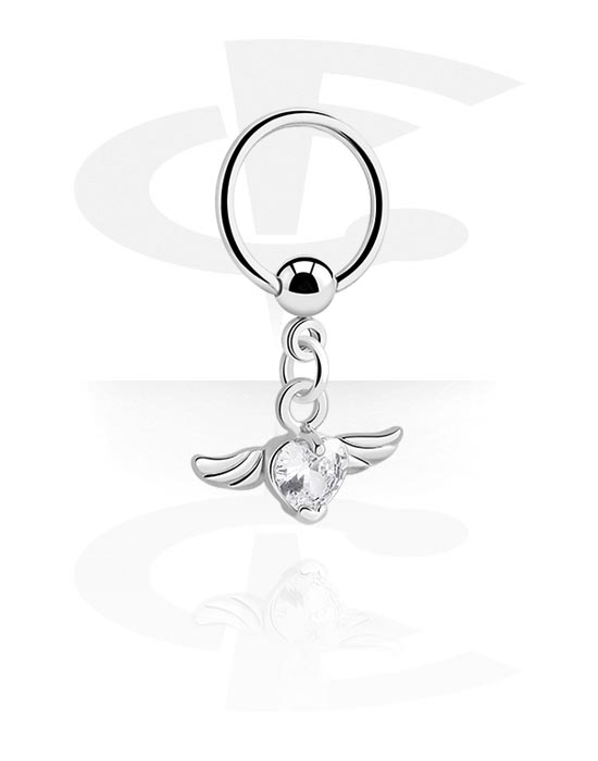 Piercing Rings, Ball closure ring (surgical steel, silver, shiny finish) with wing charm and crystal stone, Surgical Steel 316L, Plated Brass