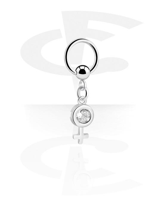 Piercingové kroužky, Kroužek s kuličkou (chirurgická ocel, stříbrná, lesklý povrch) s přívěskem se symbolem Venuše a krystalovým kamínkem, Chirurgická ocel 316L, Pokovená mosaz