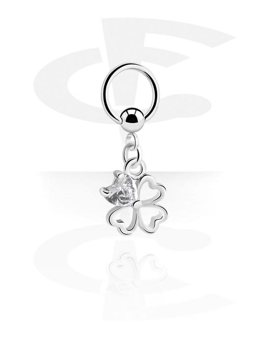 Piercingringar, Ball closure ring (surgical steel, silver, shiny finish) med cloverleaf charm och kristallsten, Kirurgiskt stål 316L, Överdragen mässing