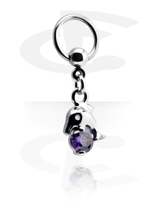 Anneaux, Ball closure ring (acier chirurgical, argent, finition brillante) avec pendentif dauphin et pierre en cristal, Acier chirurgical 316L