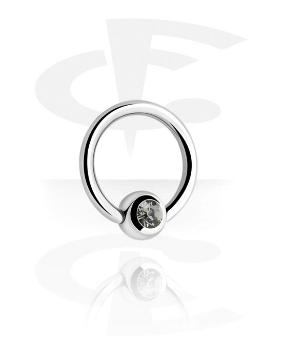 Alke za piercing, Prsten s kuglicom (kirurški čelik, srebrna, sjajna završna obrada) s kristalnim kamenom, Kirurški čelik 316L