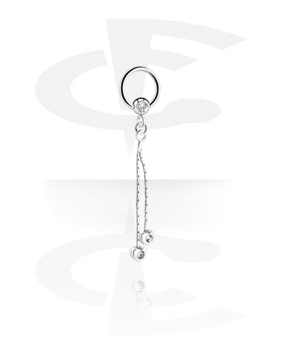 Anéis piercing, Ball closure ring (aço cirúrgico, prata, acabamento brilhante) com pedra de cristal e pendente, Aço cirúrgico 316L, Latão revestido