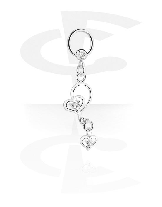 Piercing Rings, Ball closure ring (surgical steel, silver, shiny finish) with heart charm and crystal stones, Surgical Steel 316L, Plated Brass
