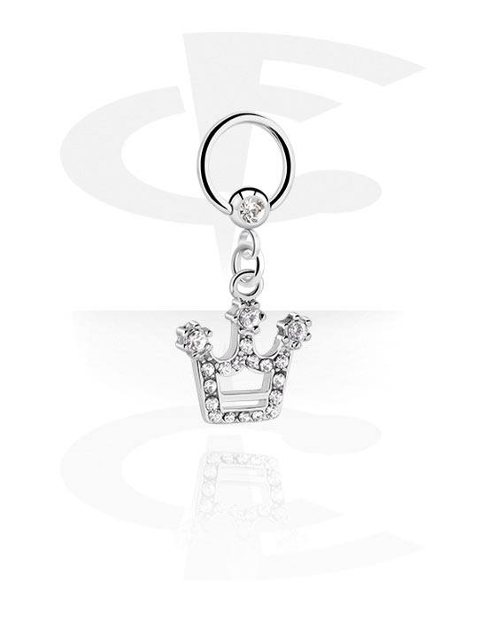 Piercing Rings, Ball closure ring (surgical steel, silver, shiny finish) with crown charm and crystal stones, Surgical Steel 316L, Plated Brass