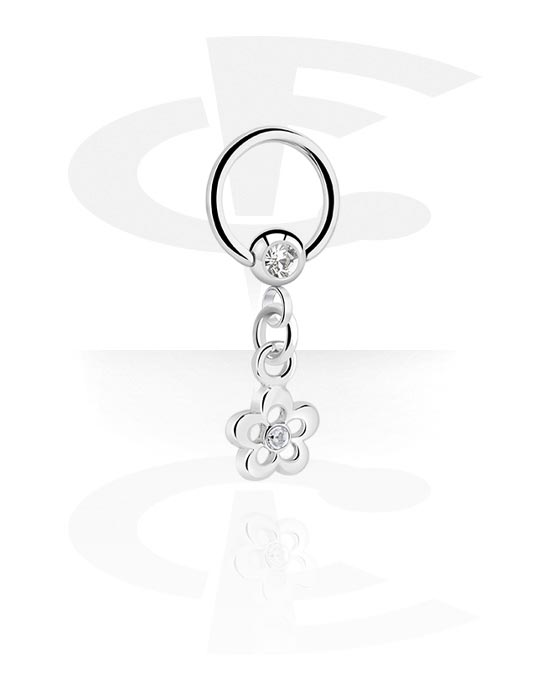 Anéis piercing, Ball closure ring (aço cirúrgico, prata, acabamento brilhante) com pendente flor e pedras de cristal, Aço cirúrgico 316L, Latão revestido