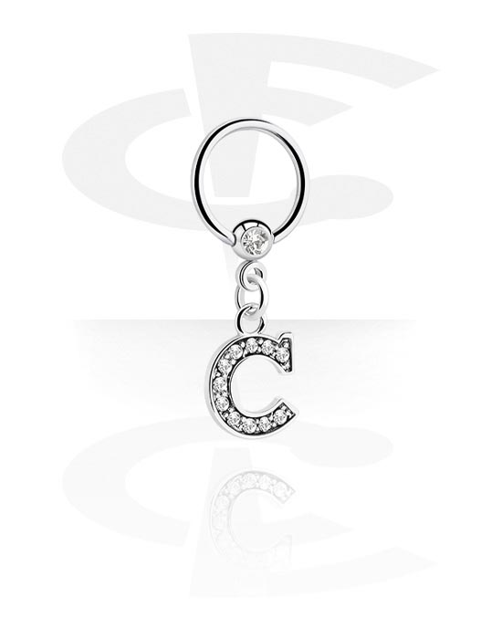 Anéis piercing, Ball closure ring (aço cirúrgico, prata, acabamento brilhante) com pendente com a letra "C", Aço cirúrgico 316L, Latão revestido