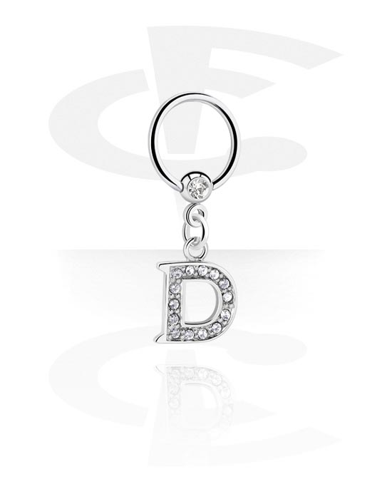 Piercing Rings, Ball closure ring (surgical steel, silver, shiny finish) with crystal stone and charm with letter "D", Surgical Steel 316L, Plated Brass