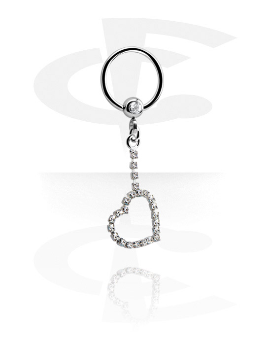 Anéis piercing, Ball closure ring (aço cirúrgico, prata, acabamento brilhante) com pendente coração e pedras de cristal, Aço cirúrgico 316L