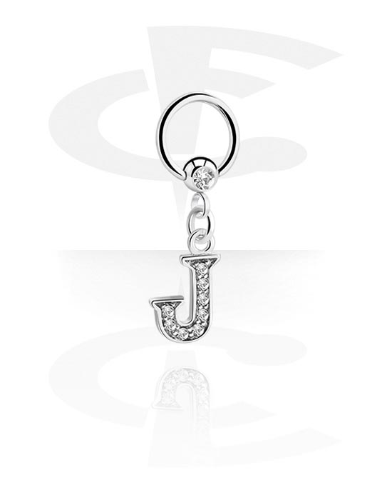 Piercingringar, Ball closure ring (surgical steel, silver, shiny finish) med charm with letter "J" och kristallstenar, Kirurgiskt stål 316L, Överdragen mässing