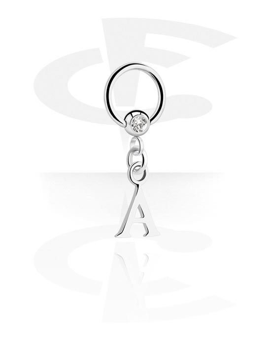 Anéis piercing, Ball closure ring (aço cirúrgico, prata, acabamento brilhante) com pedra de cristal e pendente com a letra "A", Aço cirúrgico 316L, Latão revestido