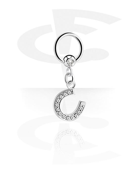 Piercing Rings, Ball closure ring (surgical steel, silver, shiny finish) with horseshoe charm and crystal stones, Surgical Steel 316L, Plated Brass
