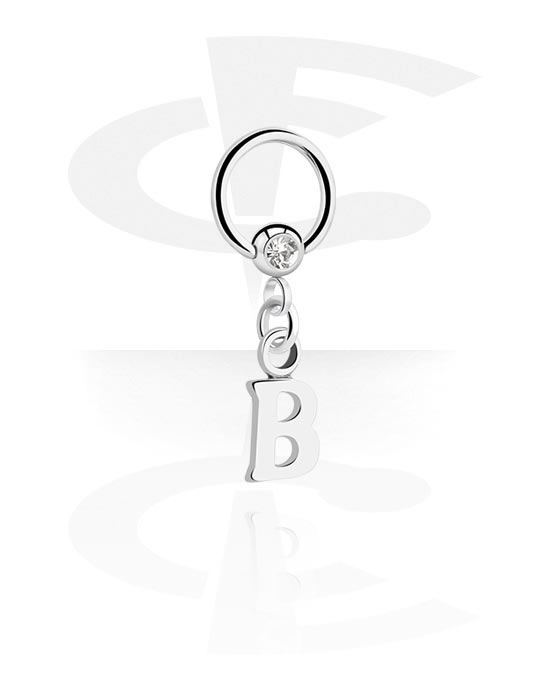 Piercing Rings, Ball closure ring (surgical steel, silver, shiny finish) with crystal stone and charm with letter "B", Surgical Steel 316L, Plated Brass