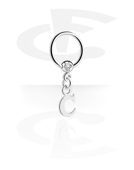 Piercing Rings, Ball closure ring (surgical steel, silver, shiny finish) with crystal stone and charm with letter "C", Surgical Steel 316L, Plated Brass