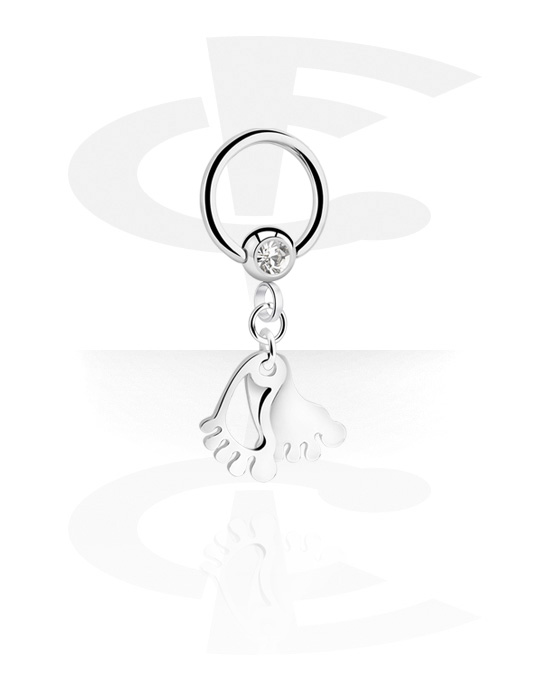 Anéis piercing, Ball closure ring (aço cirúrgico, prata, acabamento brilhante) com pedra de cristal e pendente pé, Aço cirúrgico 316L, Latão revestido