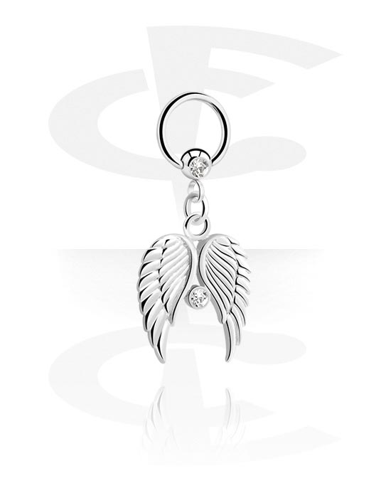 Piercing Rings, Ball closure ring (surgical steel, silver, shiny finish) with wing charm and crystal stones, Surgical Steel 316L, Plated Brass