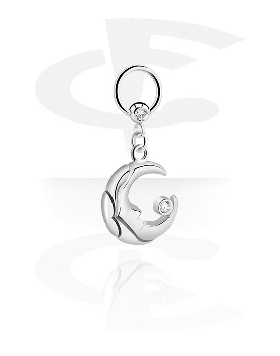 Piercing Rings, Ball closure ring (surgical steel, silver, shiny finish) with crystal stone and half moon charm, Surgical Steel 316L, Plated Brass