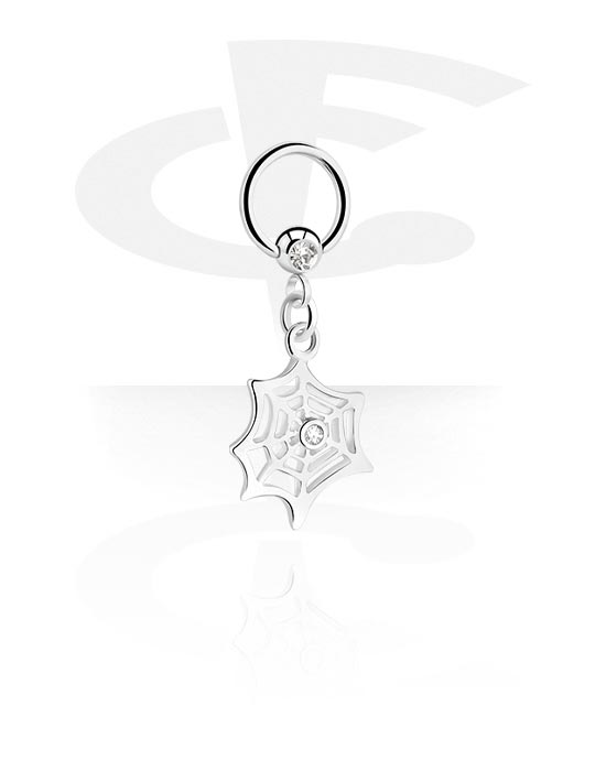 Piercing Rings, Ball closure ring (surgical steel, silver, shiny finish) with spiderweb charm and crystal stones, Surgical Steel 316L, Plated Brass