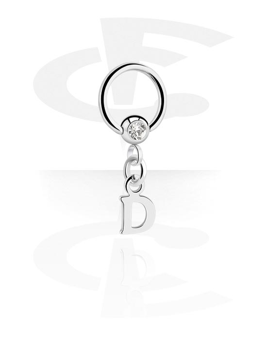 Anéis piercing, Ball closure ring (aço cirúrgico, prata, acabamento brilhante) com pedra de cristal e pendente com a letra "D", Aço cirúrgico 316L, Latão revestido