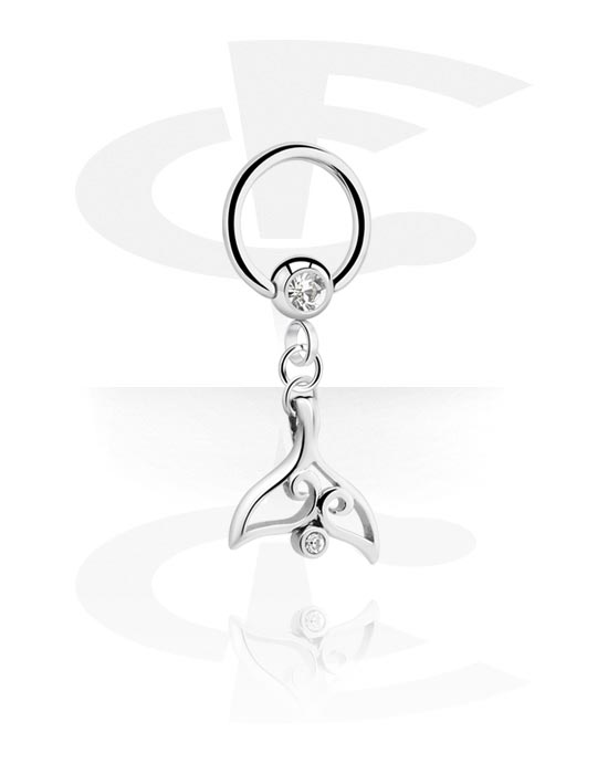 Anéis piercing, Ball closure ring (aço cirúrgico, prata, acabamento brilhante) com pedra de cristal e pendente barbatana de baleia, Aço cirúrgico 316L, Latão revestido