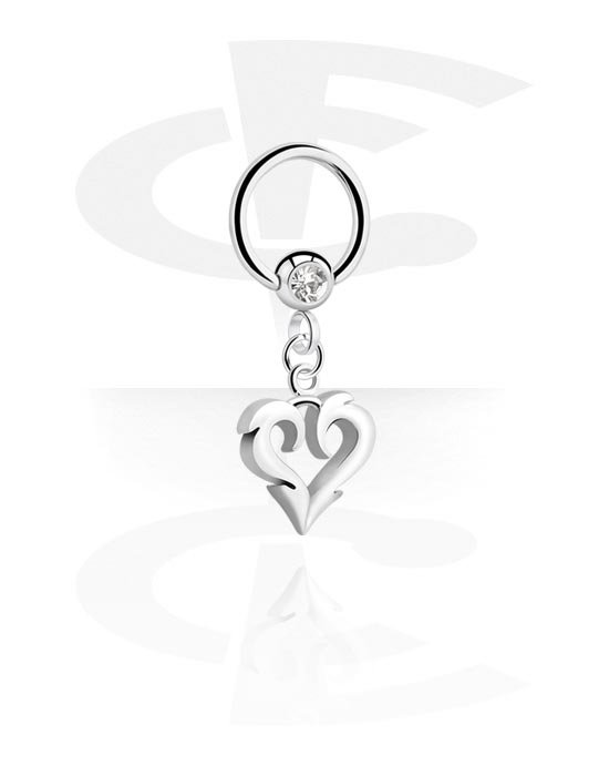 Anéis piercing, Ball closure ring (aço cirúrgico, prata, acabamento brilhante) com pedra de cristal e pendente coração, Aço cirúrgico 316L, Latão revestido
