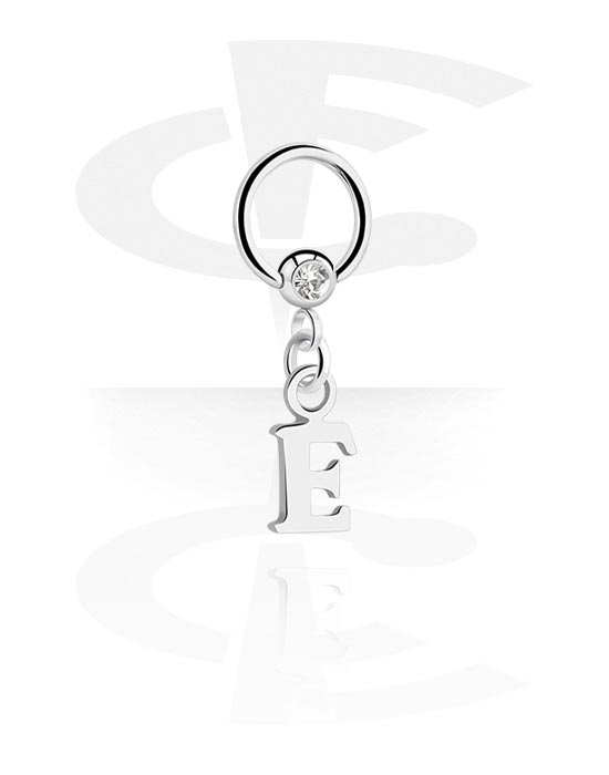 Piercing Rings, Ball closure ring (surgical steel, silver, shiny finish) with crystal stone and charm with letter "E", Surgical Steel 316L, Plated Brass