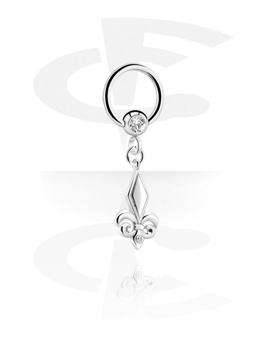 Piercing Ringe, Ring med kuglelukning (kirurgisk stål, sølv, blank finish) med Krystalsten og charm, Kirurgisk stål 316L, Pletteret messing