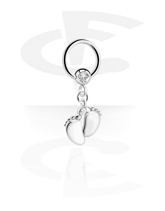 Anéis piercing, Ball closure ring (aço cirúrgico, prata, acabamento brilhante) com pedra de cristal e pendente pé, Aço cirúrgico 316L, Latão revestido
