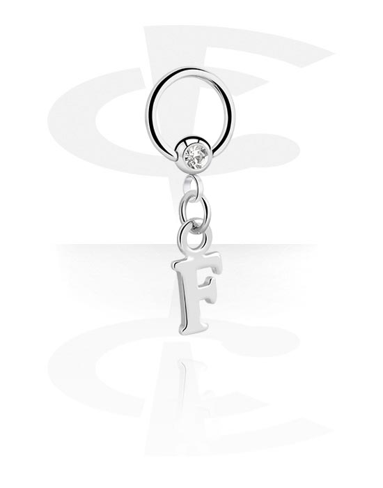 Anéis piercing, Ball closure ring (aço cirúrgico, prata, acabamento brilhante) com pedra de cristal e pendente com a letra "F", Aço cirúrgico 316L, Latão revestido