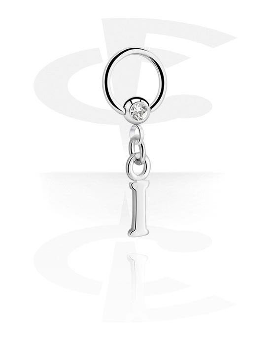 Anéis piercing, Ball closure ring (aço cirúrgico, prata, acabamento brilhante) com pedra de cristal e pendente "letra I", Aço cirúrgico 316L, Latão revestido