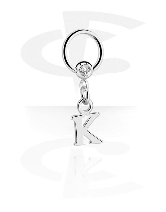 Piercing Rings, Ball closure ring (surgical steel, silver, shiny finish) with crystal stone and charm with letter "K", Surgical Steel 316L, Plated Brass