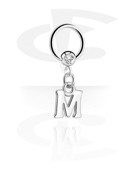 Piercing Rings, Ball closure ring (surgical steel, silver, shiny finish) with crystal stone and charm with letter "M", Surgical Steel 316L, Plated Brass