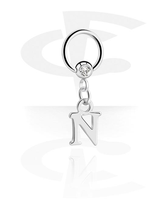 Piercing Rings, Ball closure ring (surgical steel, silver, shiny finish) with crystal stone and charm with letter "N", Surgical Steel 316L, Plated Brass
