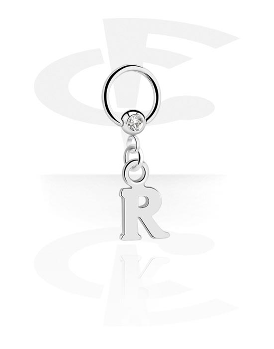 Piercing Rings, Ball closure ring (surgical steel, silver, shiny finish) with crystal stone and charm with letter "R", Surgical Steel 316L, Plated Brass