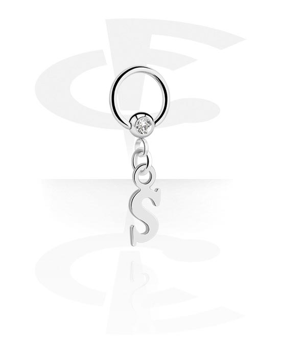 Anéis piercing, Ball closure ring (aço cirúrgico, prata, acabamento brilhante) com pedra de cristal e pendente com a letra "S, Aço cirúrgico 316L, Latão revestido