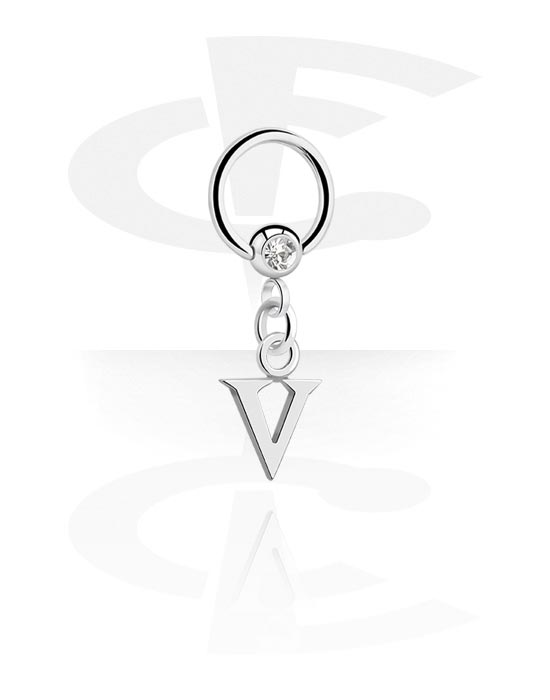 Piercing Rings, Ball closure ring (surgical steel, silver, shiny finish) with crystal stone and charm with letter "V", Surgical Steel 316L, Plated Brass